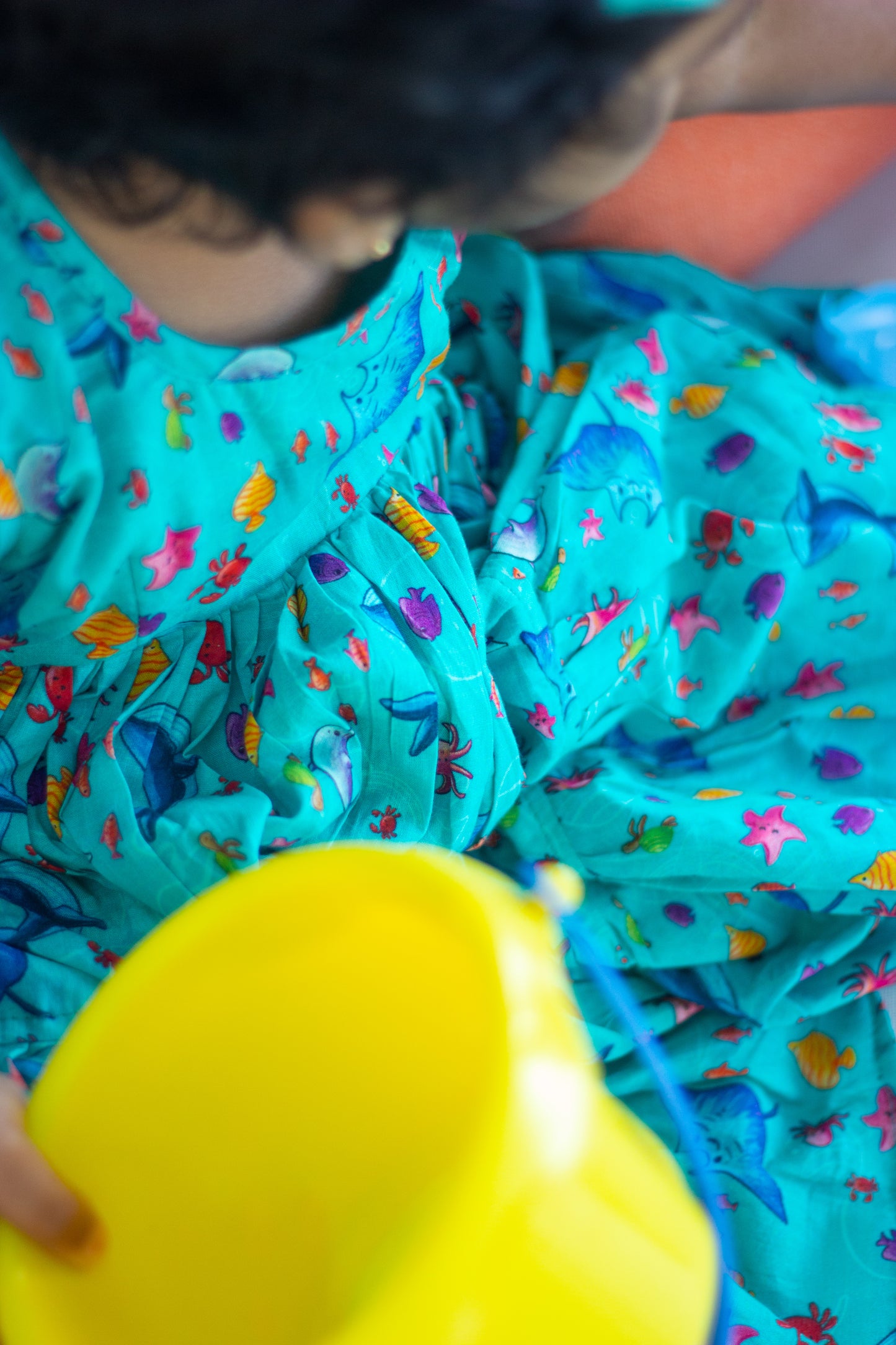 Bhavika Devarapalli Cotton frock, Floral print, Designer cotton frock, ocean theme, kids printed frocks, Best designer kids frock, top Indian Designer kids collection, Best Designer collection. blue printed frock