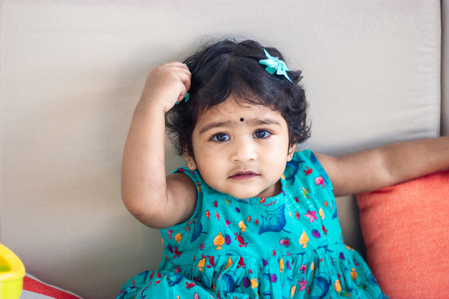 Bhavika Devarapalli Cotton frock, Floral print, Designer cotton frock, ocean theme, kids printed frocks, Best designer kids frock, top Indian Designer kids collection, Best Designer collection. blue printed frock