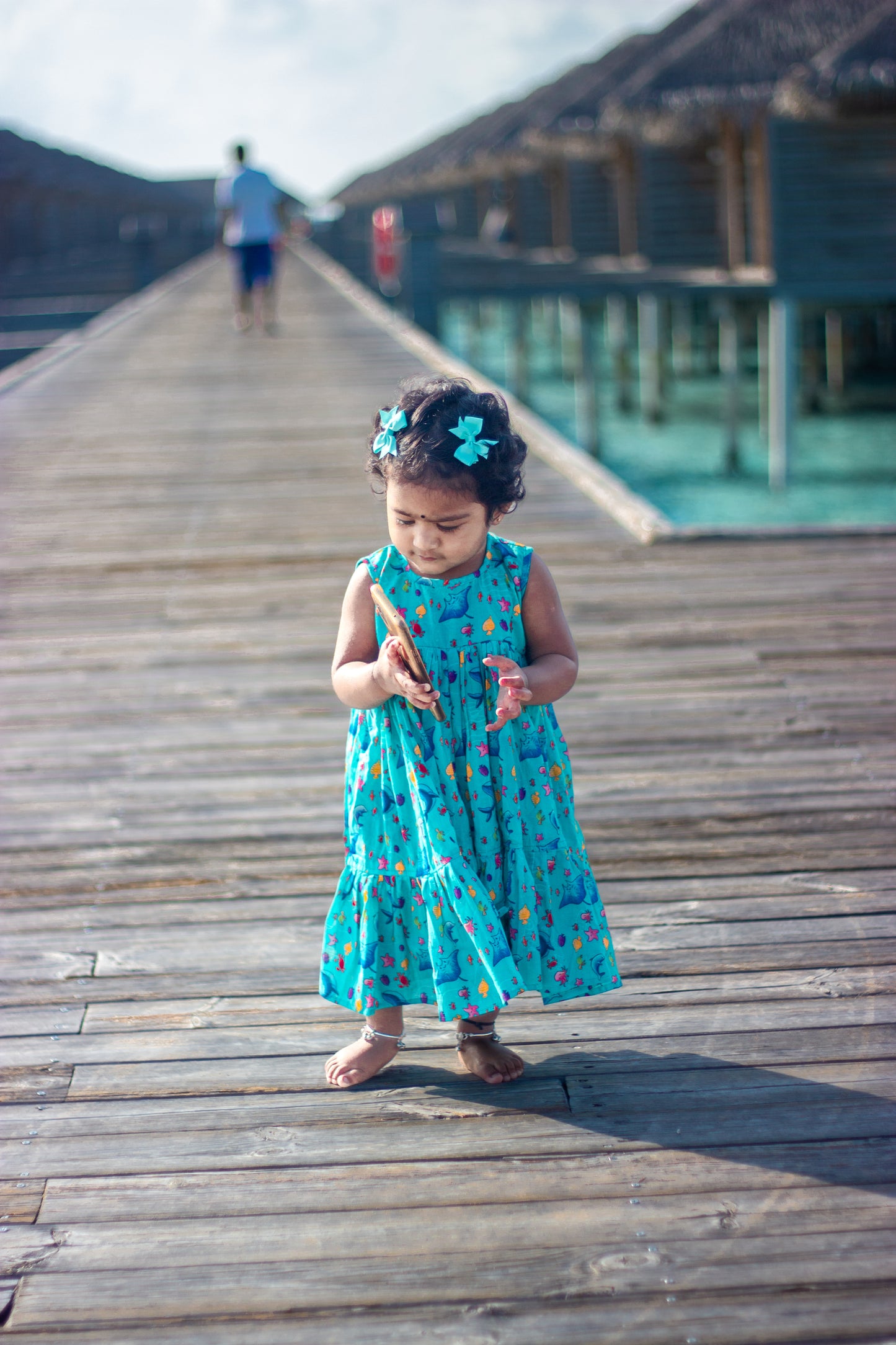 Bhavika Devarapalli Cotton frock, Floral print, Designer cotton frock, ocean theme, kids printed frocks, Best designer kids frock, top Indian Designer kids collection, Best Designer collection. blue printed frock