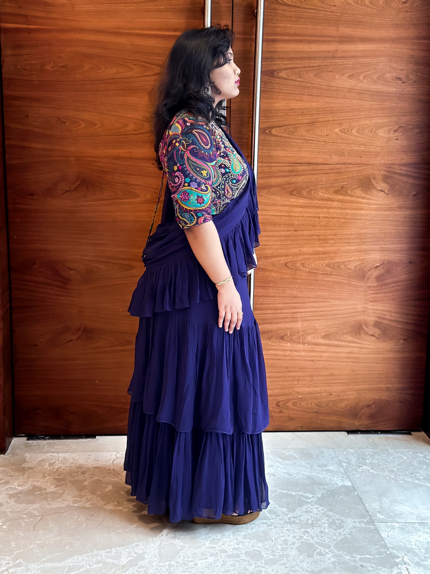 Bhavika Devarapalli Sarees, Floral print, Best Designer Saree, Designer Saree, top Indian Designer Saree, Indian Occasional & Festival wear saree, Best Designer Saree Collection, purple Saree, ruffle saree,ready to wear saree, Printed Saree, purple ruffle saree, printed ruffle saree