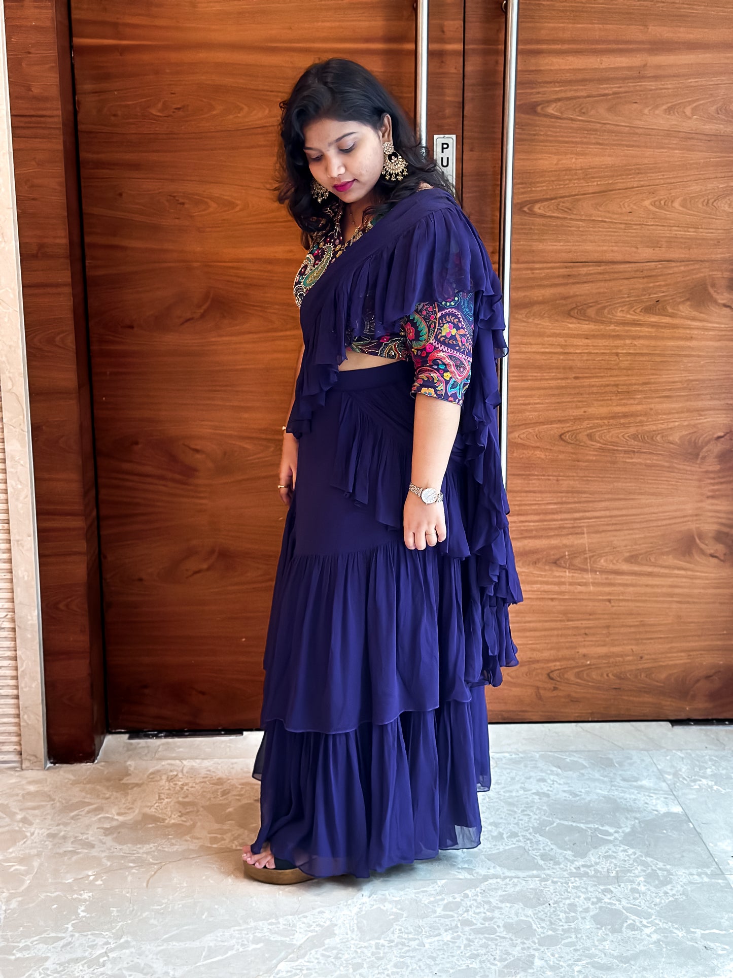 Bhavika Devarapalli Sarees, Floral print, Best Designer Saree, Designer Saree, top Indian Designer Saree, Indian Occasional & Festival wear saree, Best Designer Saree Collection, purple Saree, ruffle saree,ready to wear saree, Printed Saree, purple ruffle saree, printed ruffle saree