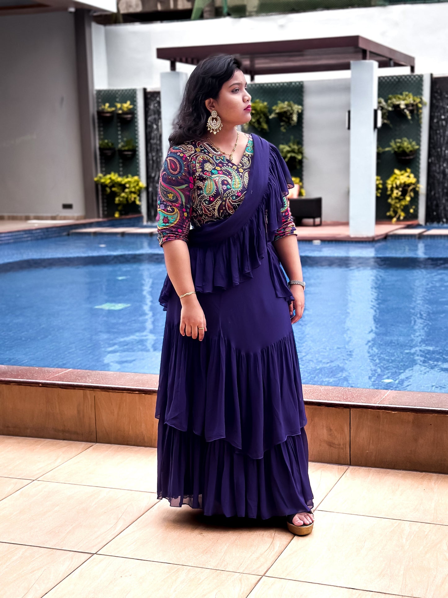 Bhavika Devarapalli Sarees, Floral print, Best Designer Saree, Designer Saree, top Indian Designer Saree, Indian Occasional & Festival wear saree, Best Designer Saree Collection, purple Saree, ruffle saree,ready to wear saree, Printed Saree, purple ruffle saree, printed ruffle saree