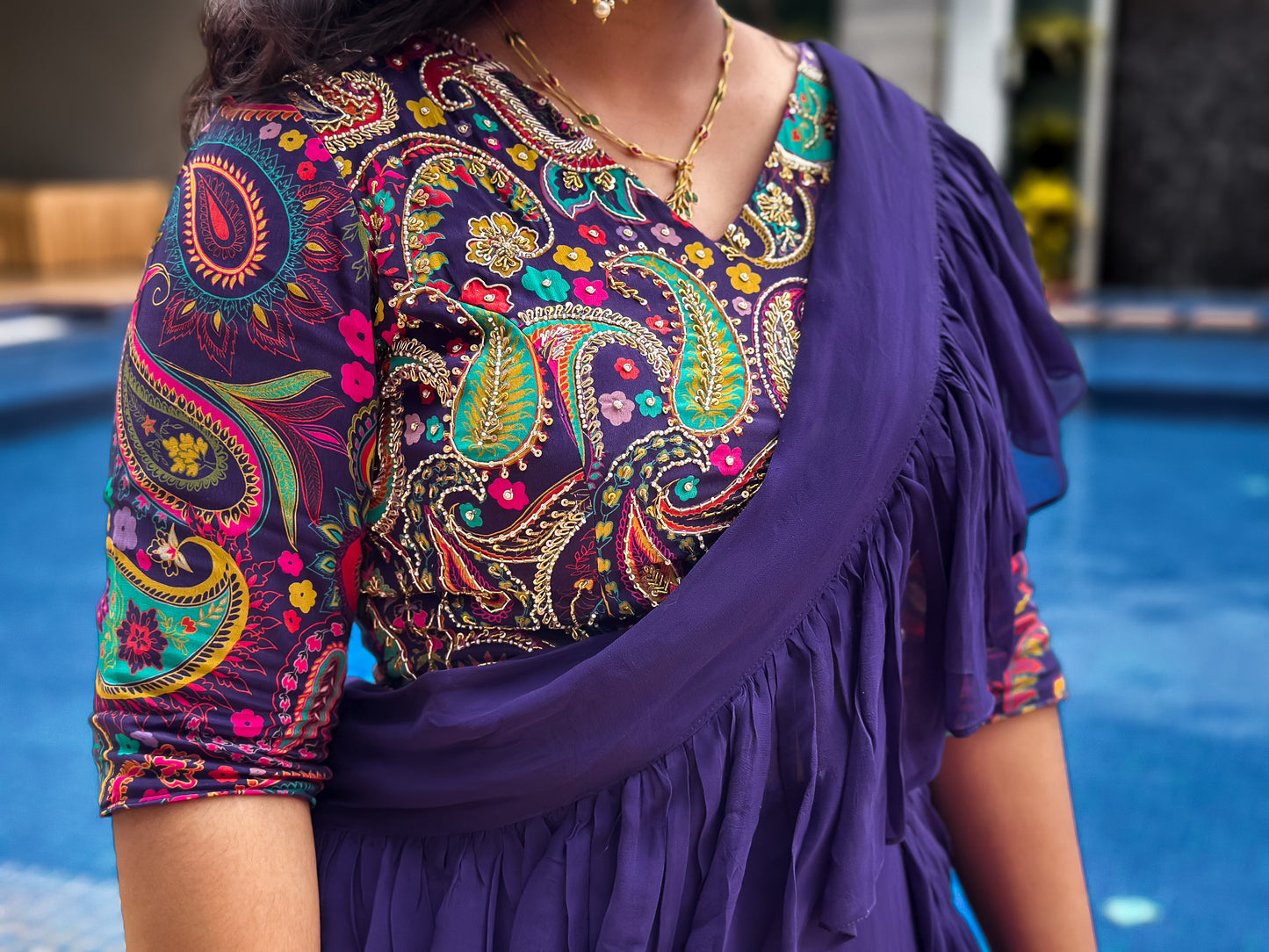 Bhavika Devarapalli Sarees, Floral print, Best Designer Saree, Designer Saree, top Indian Designer Saree, Indian Occasional & Festival wear saree, Best Designer Saree Collection, purple Saree, ruffle saree,ready to wear saree, Printed Saree, purple ruffle saree, printed ruffle saree