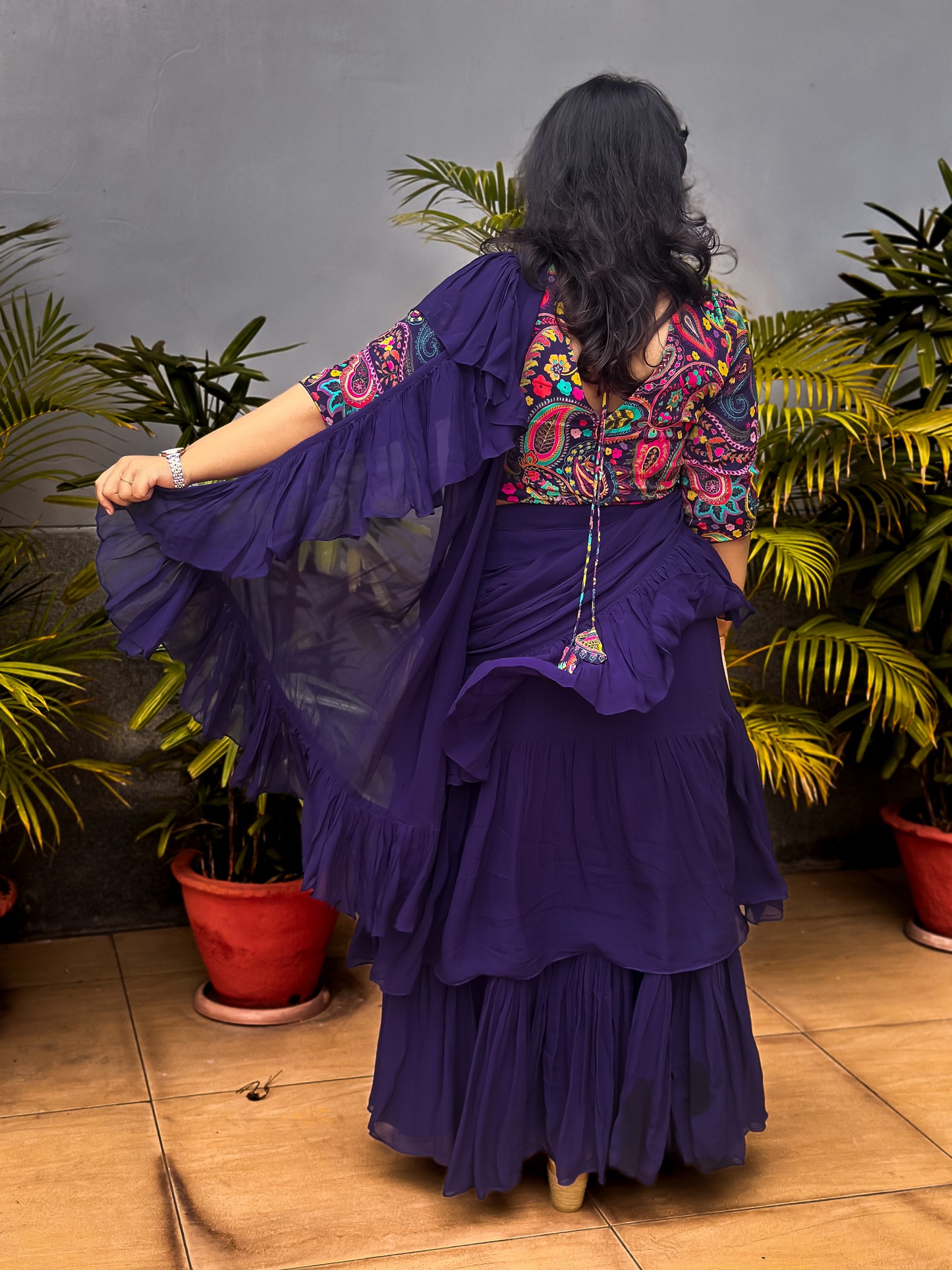 Bhavika Devarapalli Sarees, Floral print, Best Designer Saree, Designer Saree, top Indian Designer Saree, Indian Occasional & Festival wear saree, Best Designer Saree Collection, purple Saree, ruffle saree,ready to wear saree, Printed Saree, purple ruffle saree, printed ruffle saree