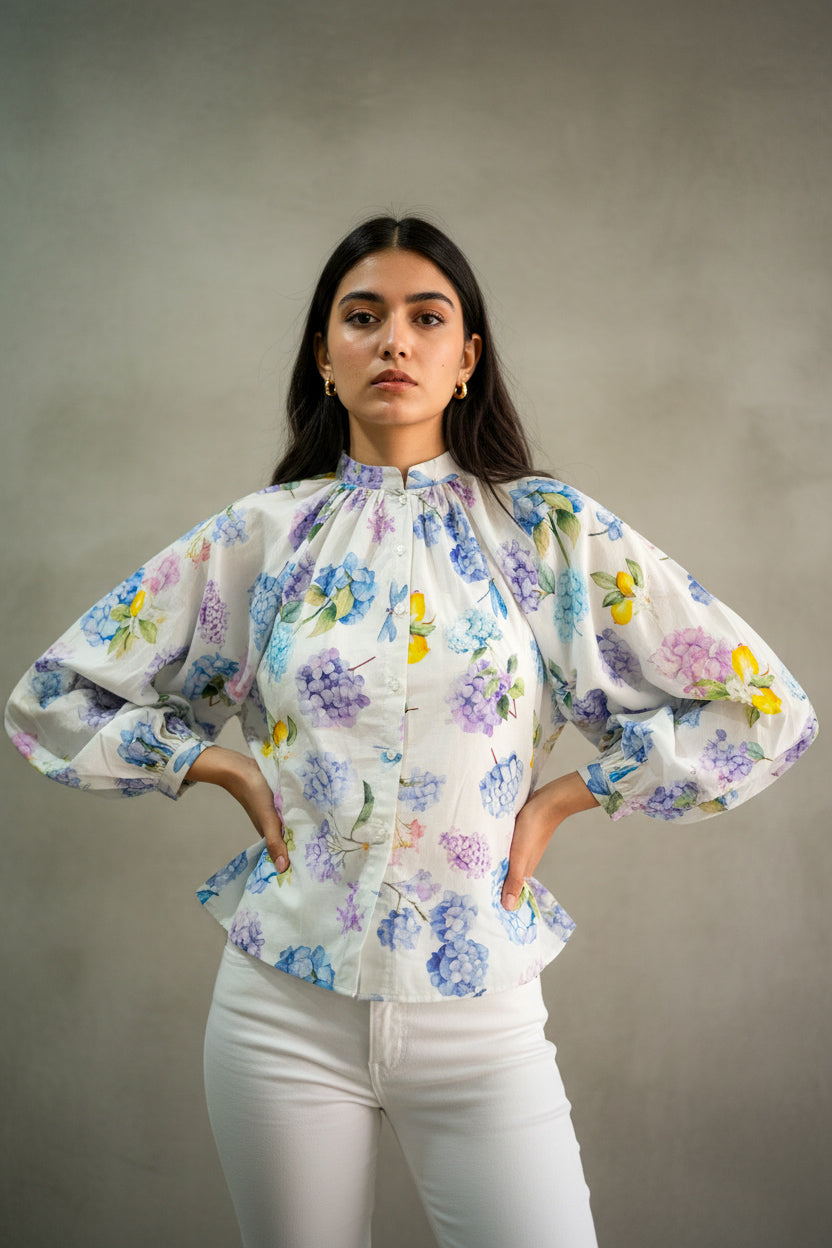 Lina cotton floral shirts, Hydrangea floral cotton shirts, Designer cotton shirts for women India, Bhavika Devarapalli designer shirts, Indian designer summer cotton shirts, Floral cotton shirts for women, Hydrangea print cotton shirts, Blue purple floral shirts women, Lemon floral cotton shirts, Breathable summer cotton shirts women