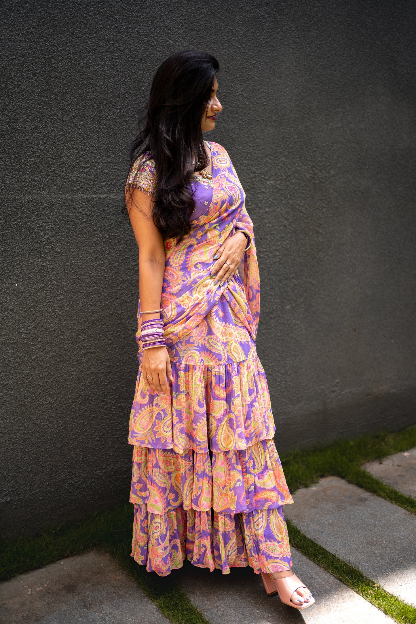 Bhavika Devarapalli Sarees, Floral print, Best Designer Saree, Designer Saree, top Indian Designer Saree, Indian Occasional & Festival wear saree, Best Designer Saree Collection, purple Saree, ruffle saree,ready to wear saree, Printed Saree, purple ruffle saree, printed ruffle saree