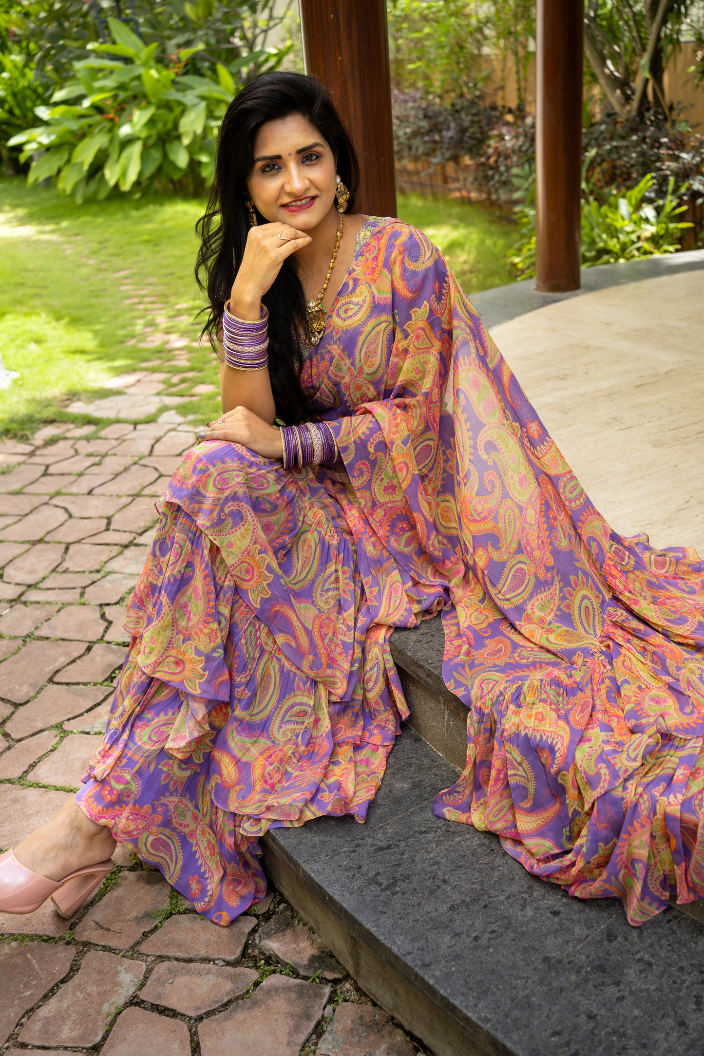 Bhavika Devarapalli Sarees, Floral print, Best Designer Saree, Designer Saree, top Indian Designer Saree, Indian Occasional & Festival wear saree, Best Designer Saree Collection, purple Saree, ruffle saree,ready to wear saree, Printed Saree, purple ruffle saree, printed ruffle saree