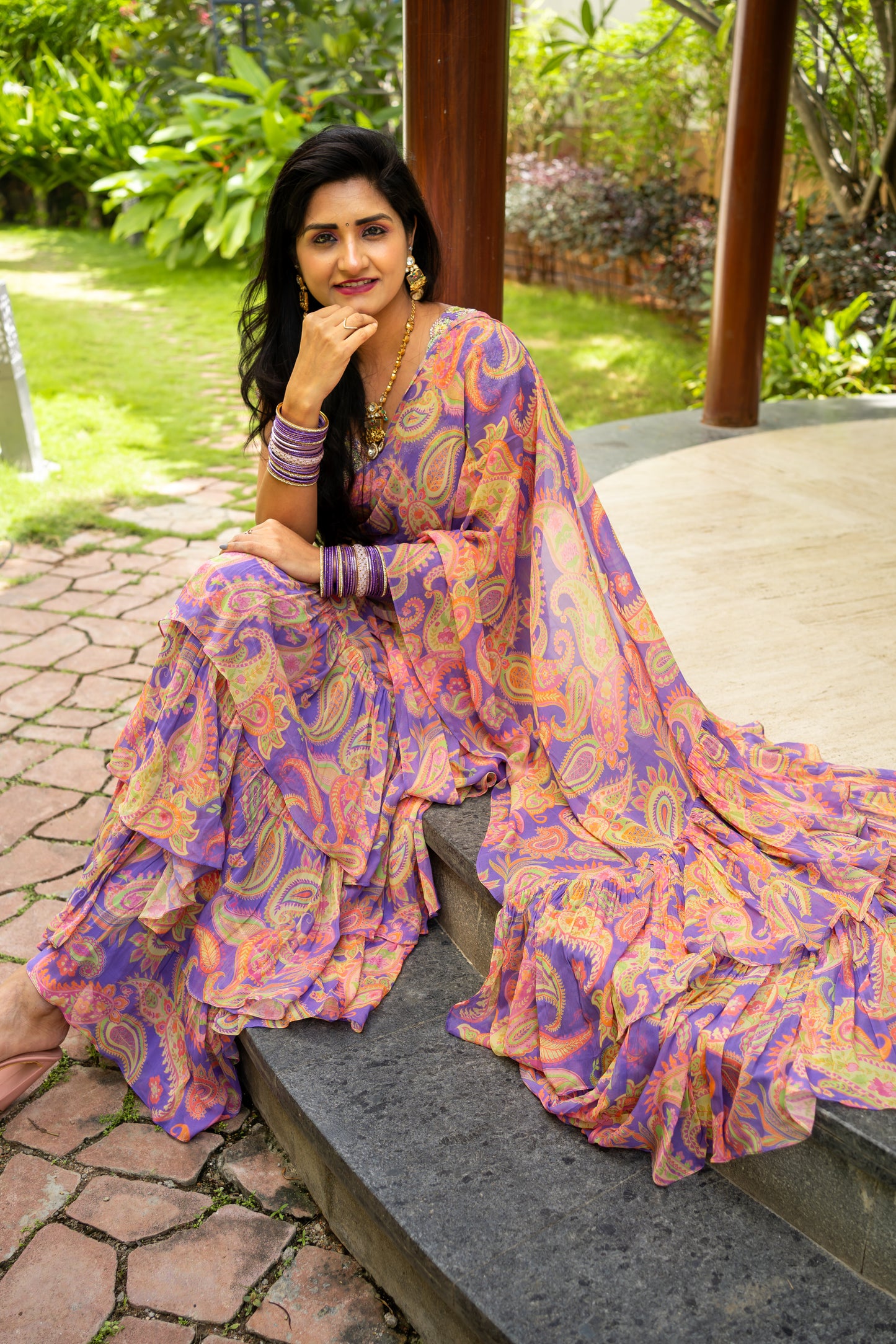 Bhavika Devarapalli Sarees, Floral print, Best Designer Saree, Designer Saree, top Indian Designer Saree, Indian Occasional & Festival wear saree, Best Designer Saree Collection, purple Saree, ruffle saree,ready to wear saree, Printed Saree, purple ruffle saree, printed ruffle saree
