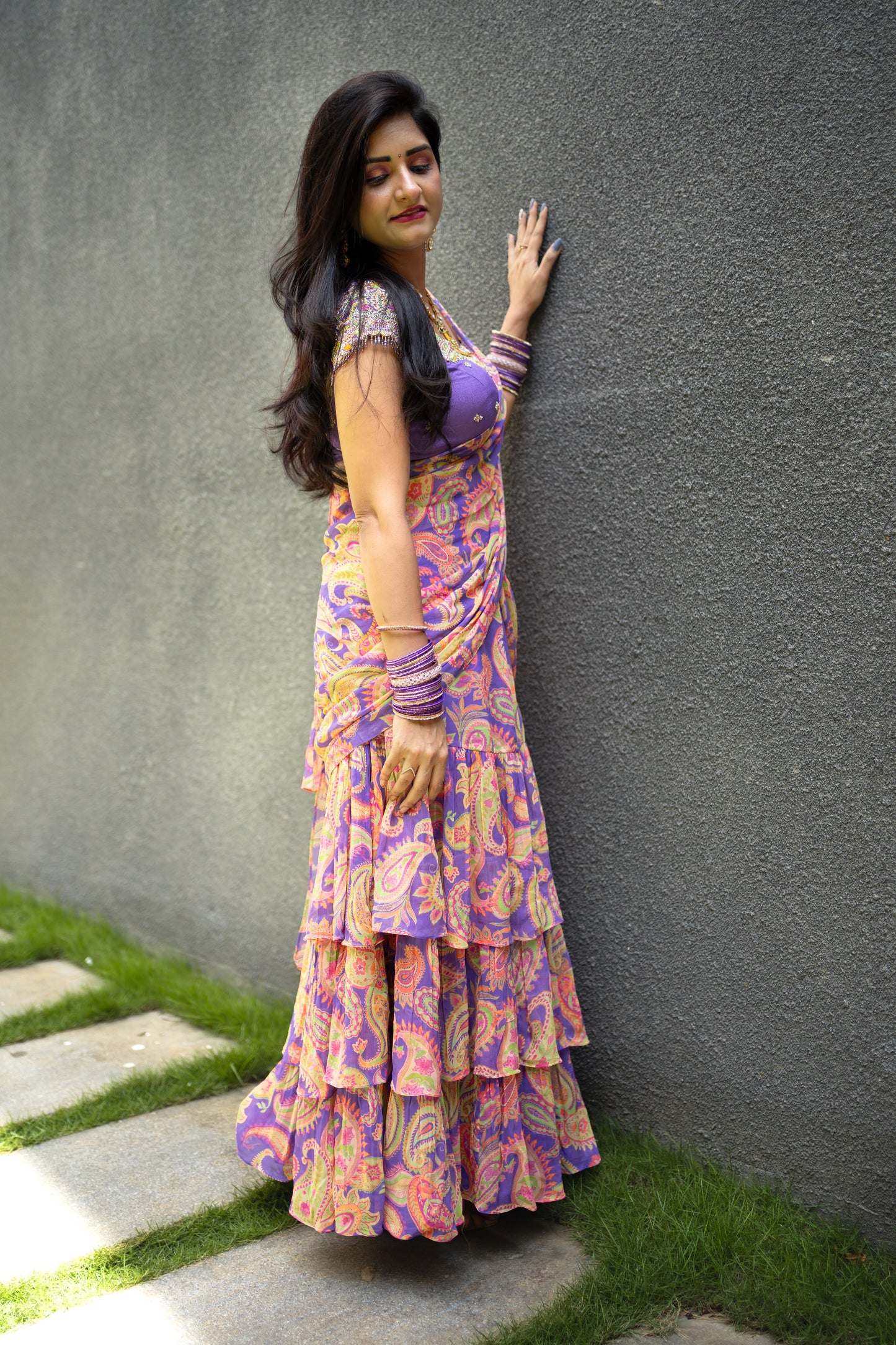 Bhavika Devarapalli Sarees, Floral print, Best Designer Saree, Designer Saree, top Indian Designer Saree, Indian Occasional & Festival wear saree, Best Designer Saree Collection, purple Saree, ruffle saree,ready to wear saree, Printed Saree, purple ruffle saree, printed ruffle saree
