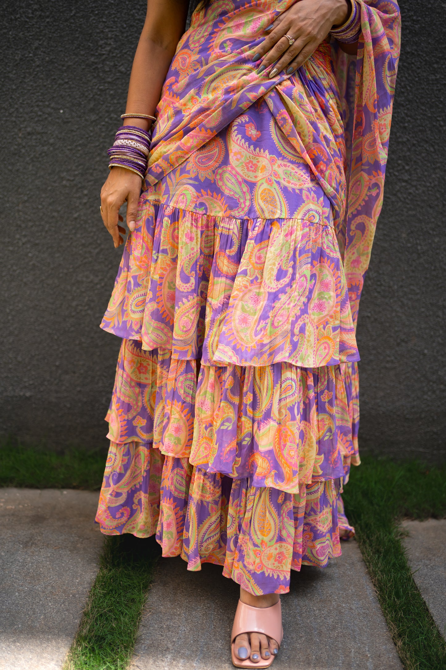 Bhavika Devarapalli Sarees, Floral print, Best Designer Saree, Designer Saree, top Indian Designer Saree, Indian Occasional & Festival wear saree, Best Designer Saree Collection, purple Saree, ruffle saree,ready to wear saree, Printed Saree, purple ruffle saree, printed ruffle saree