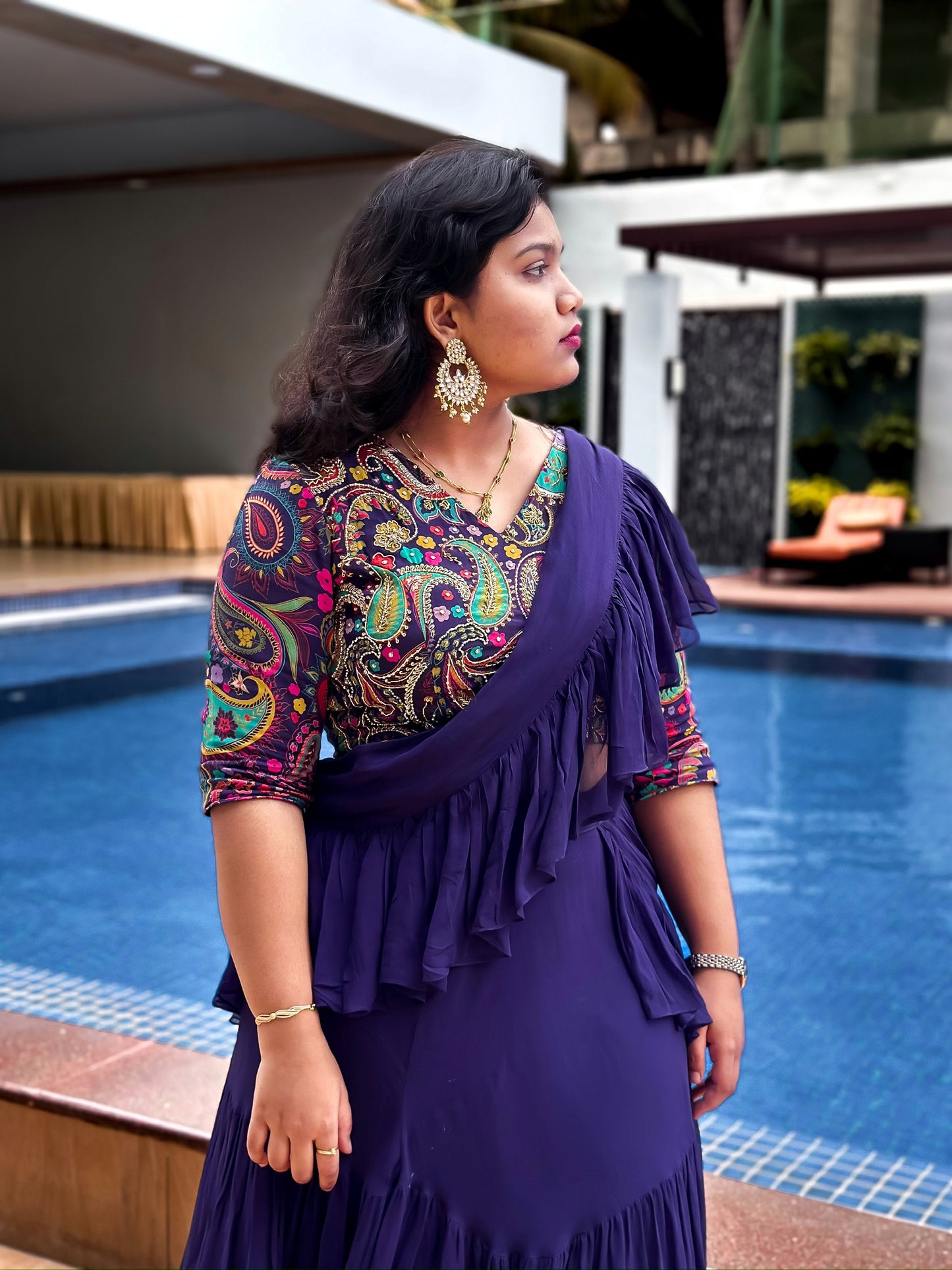 Bhavika Devarapalli Sarees, Floral print, Best Designer Saree, Designer Saree, top Indian Designer Saree, Indian Occasional & Festival wear saree, Best Designer Saree Collection, purple Saree, ruffle saree,ready to wear saree, Printed Saree, purple ruffle saree, printed ruffle saree