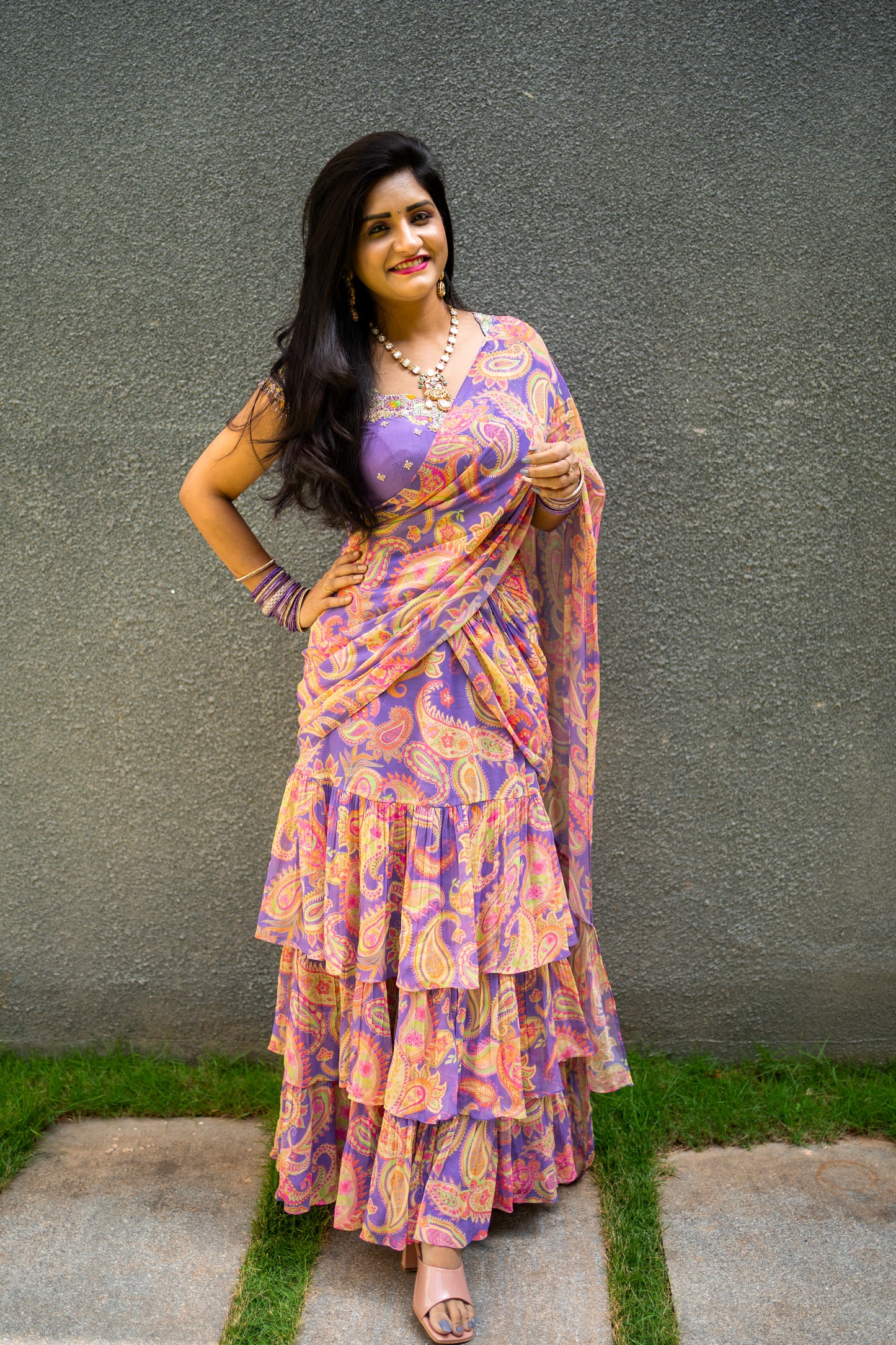 Bhavika Devarapalli Sarees, Floral print, Best Designer Saree, Designer Saree, top Indian Designer Saree, Indian Occasional & Festival wear saree, Best Designer Saree Collection, purple Saree, ruffle saree,ready to wear saree, Printed Saree, purple ruffle saree, printed ruffle saree