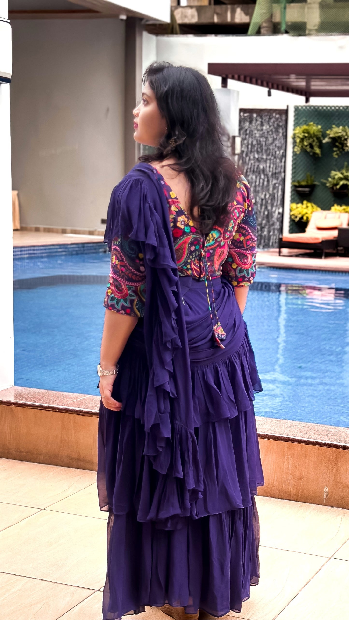 Bhavika Devarapalli Sarees, Floral print, Best Designer Saree, Designer Saree, top Indian Designer Saree, Indian Occasional & Festival wear saree, Best Designer Saree Collection, purple Saree, ruffle saree,ready to wear saree, Printed Saree, purple ruffle saree, printed ruffle saree