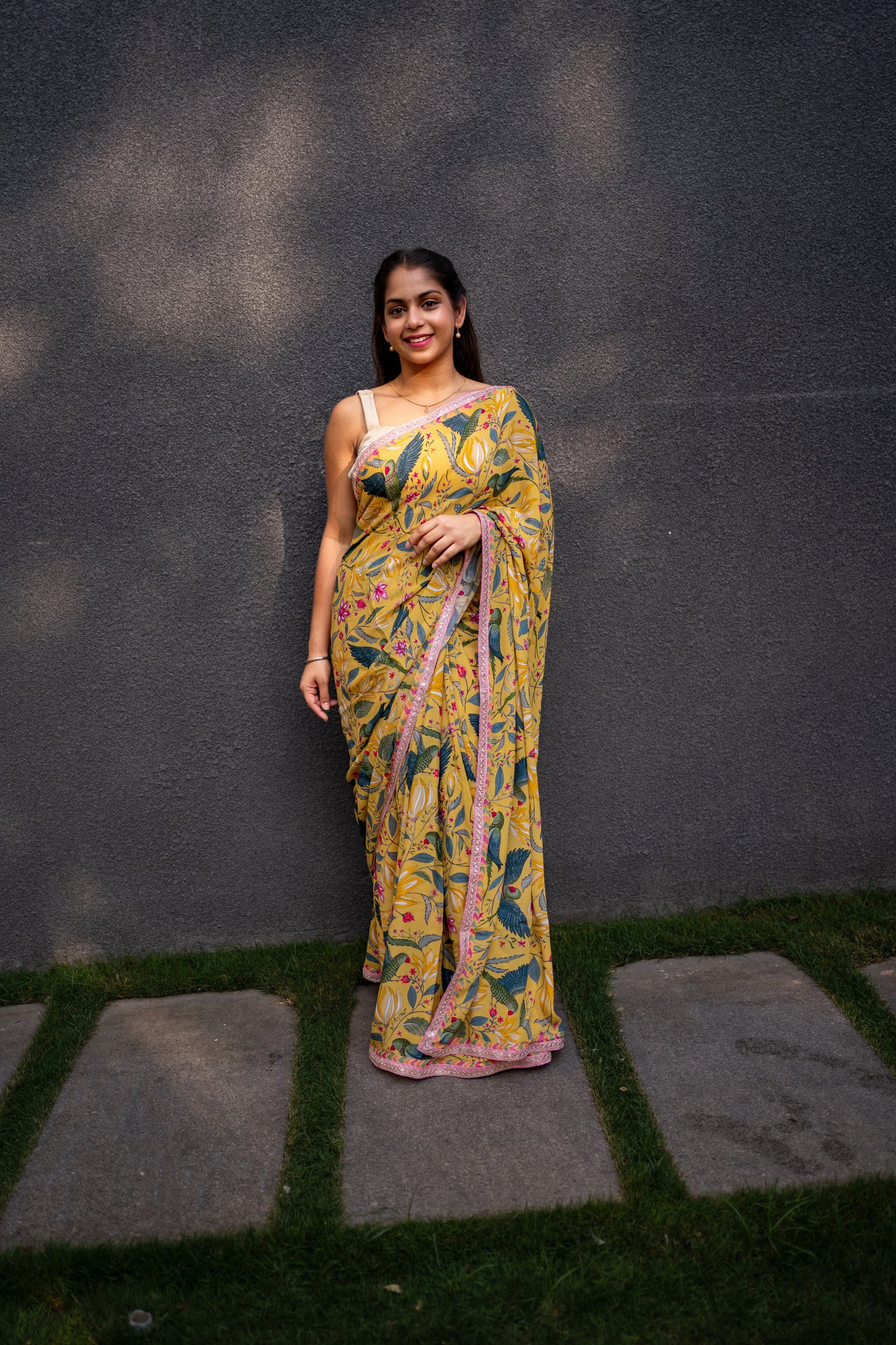 Bhavika Devarapalli Sarees, Floral print, Best Designer Saree, Designer Saree, top Indian Designer Saree, Indian Occasional & Festival wear saree, Best Designer Saree Collection, yellow Saree, Printed Saree.