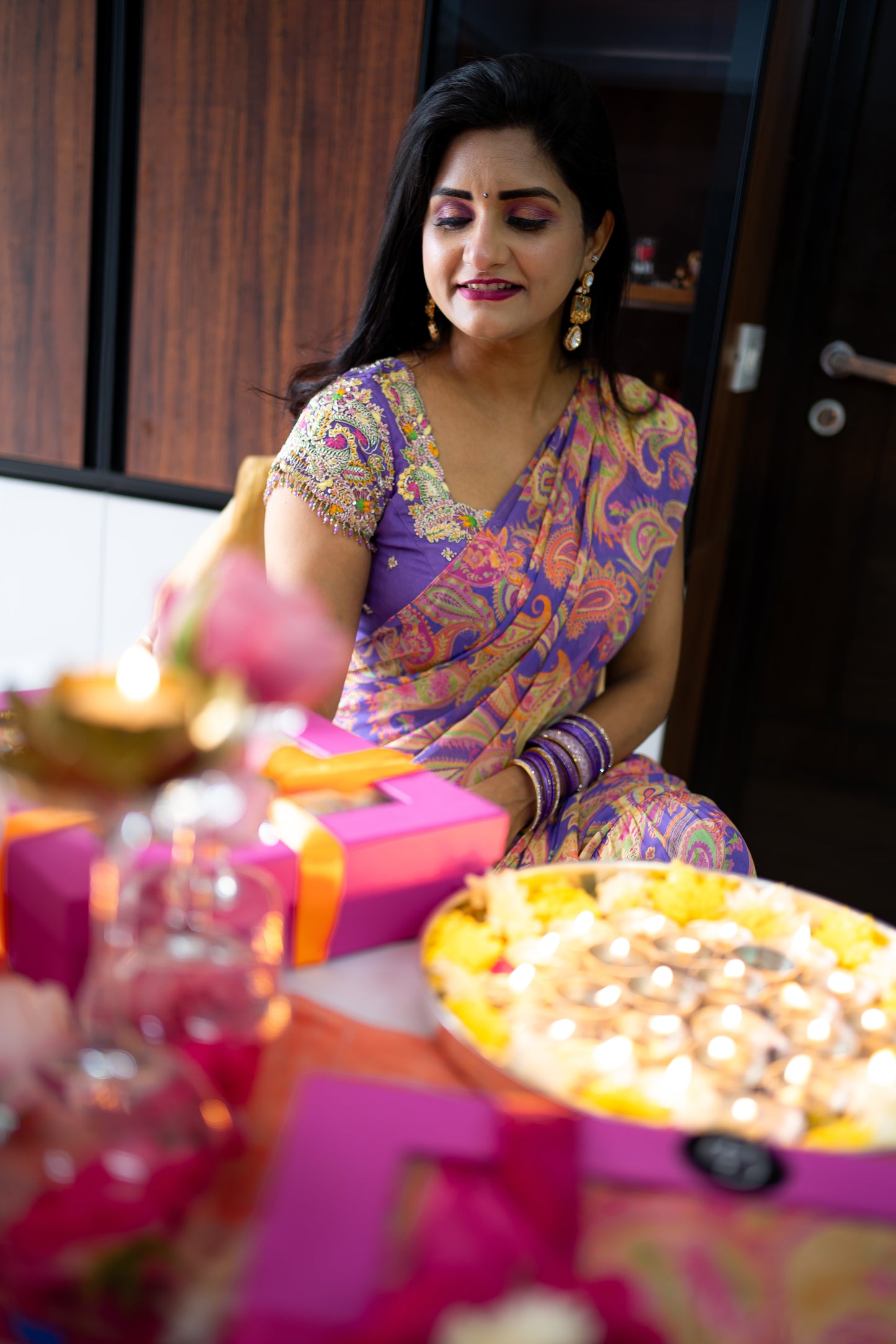 Bhavika Devarapalli Sarees, Floral print, Best Designer Saree, Designer Saree, top Indian Designer Saree, Indian Occasional & Festival wear saree, Best Designer Saree Collection, purple Saree, ruffle saree,ready to wear saree, Printed Saree.