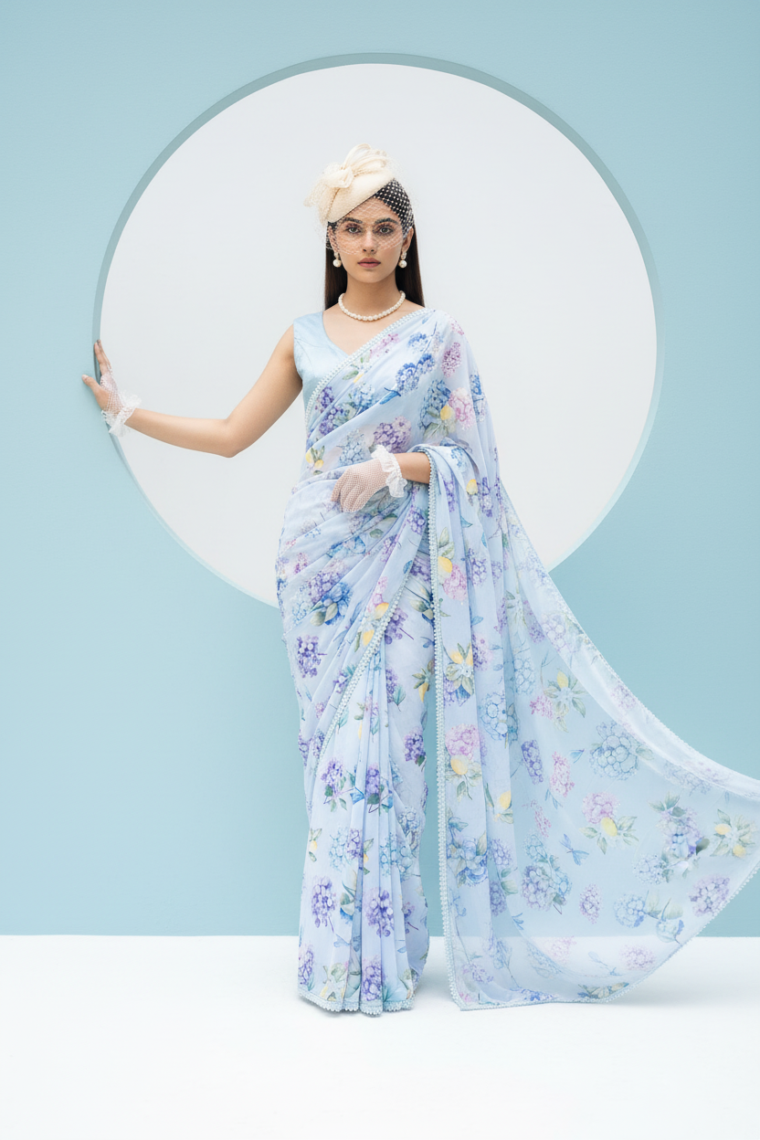 LINA Full Bloom Blue Saree