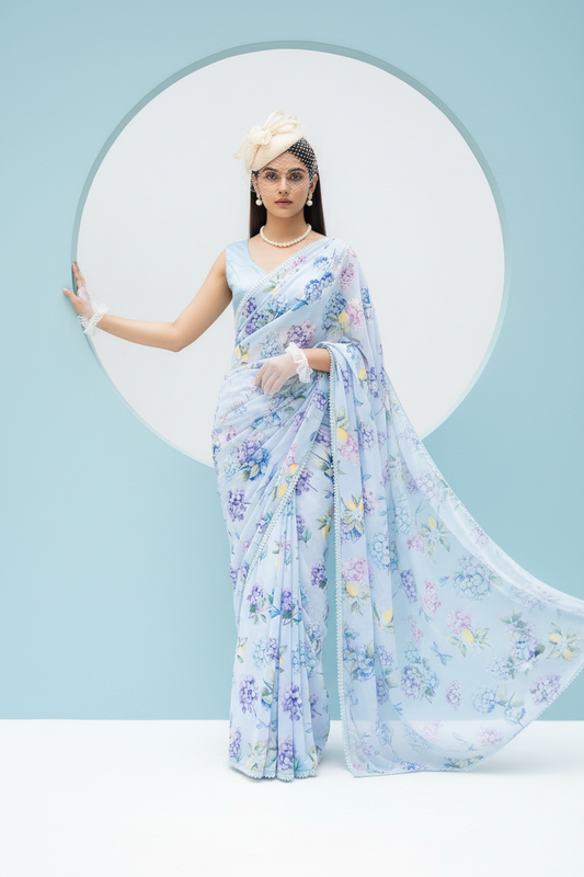 LINA Full Bloom Blue Saree