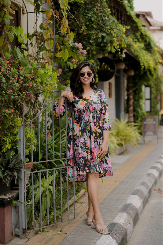 Bhavika Devarapalli mid length dress , Floral print, Designer frocks, Best designer dress, black mid length dress, top Indian Designer dresses, frocks, Indian casual wea, Best Designer collection, black cotton frock, black floral dress, black cotton printed Dress, black dress, floral prints,cotton floral dress