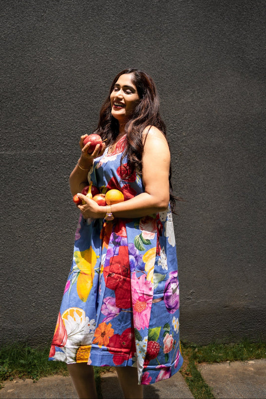 custom floral print dress, handmade fashion, travel-ready outfit, exclusive designer wear, personalized clothing, eco-friendly apparel, sustainable fashion, story-driven design, bespoke prints, emotional branding, boho chic style, resort wear, ethical fashion India, limited edition clothing, confident style, wearable art, anniversary outfit, birthday fashion gift, slow fashion collection, expressive design, bhavika devarapalli, fruvee, blue cotton dress