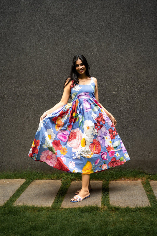custom floral print dress, handmade fashion, travel-ready outfit, exclusive designer wear, personalized clothing, eco-friendly apparel, sustainable fashion, story-driven design, bespoke prints, emotional branding, boho chic style, resort wear, ethical fashion India, limited edition clothing, confident style, wearable art, anniversary outfit, birthday fashion gift, slow fashion collection, expressive design, bhavika devarapalli, fruvee, blue cotton dress