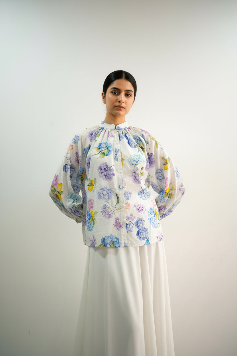 Lina cotton floral shirts, Hydrangea floral cotton shirts, Designer cotton shirts for women India, Bhavika Devarapalli designer shirts, Indian designer summer cotton shirts, Floral cotton shirts for women, Hydrangea print cotton shirts, Blue purple floral shirts women, Lemon floral cotton shirts, Breathable summer cotton shirts women