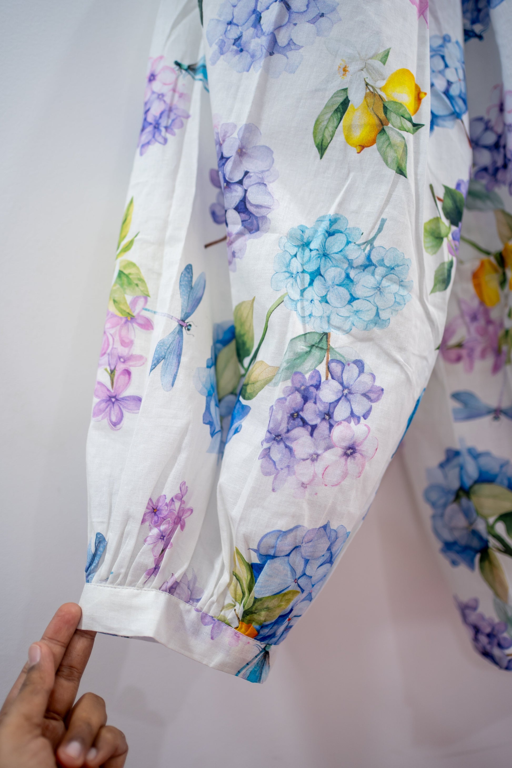 Lina cotton floral shirts, Hydrangea floral cotton shirts, Designer cotton shirts for women India, Bhavika Devarapalli designer shirts, Indian designer summer cotton shirts, Floral cotton shirts for women, Hydrangea print cotton shirts, Blue purple floral shirts women, Lemon floral cotton shirts, Breathable summer cotton shirts women