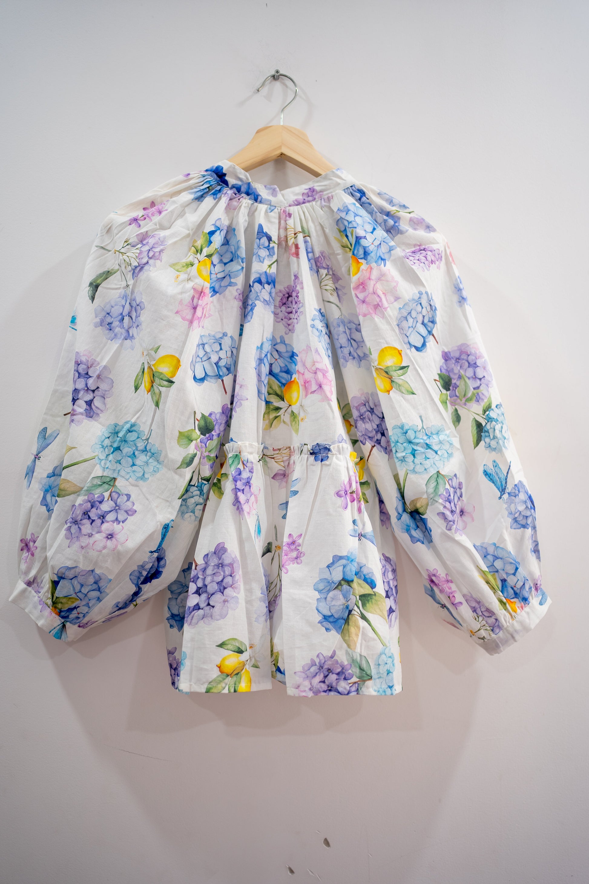 Lina cotton floral shirts, Hydrangea floral cotton shirts, Designer cotton shirts for women India, Bhavika Devarapalli designer shirts, Indian designer summer cotton shirts, Floral cotton shirts for women, Hydrangea print cotton shirts, Blue purple floral shirts women, Lemon floral cotton shirts, Breathable summer cotton shirts women