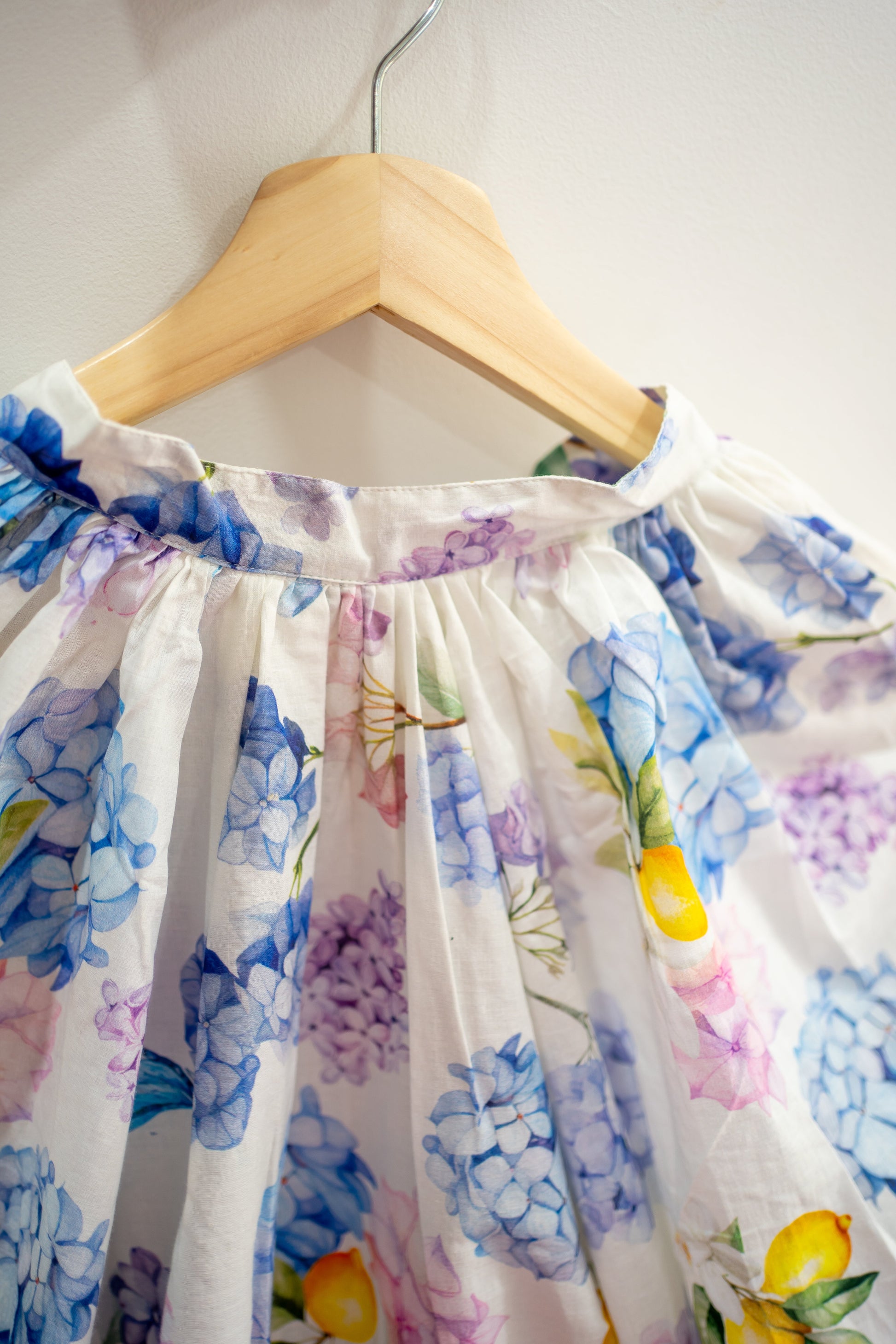 Lina cotton floral shirts, Hydrangea floral cotton shirts, Designer cotton shirts for women India, Bhavika Devarapalli designer shirts, Indian designer summer cotton shirts, Floral cotton shirts for women, Hydrangea print cotton shirts, Blue purple floral shirts women, Lemon floral cotton shirts, Breathable summer cotton shirts women