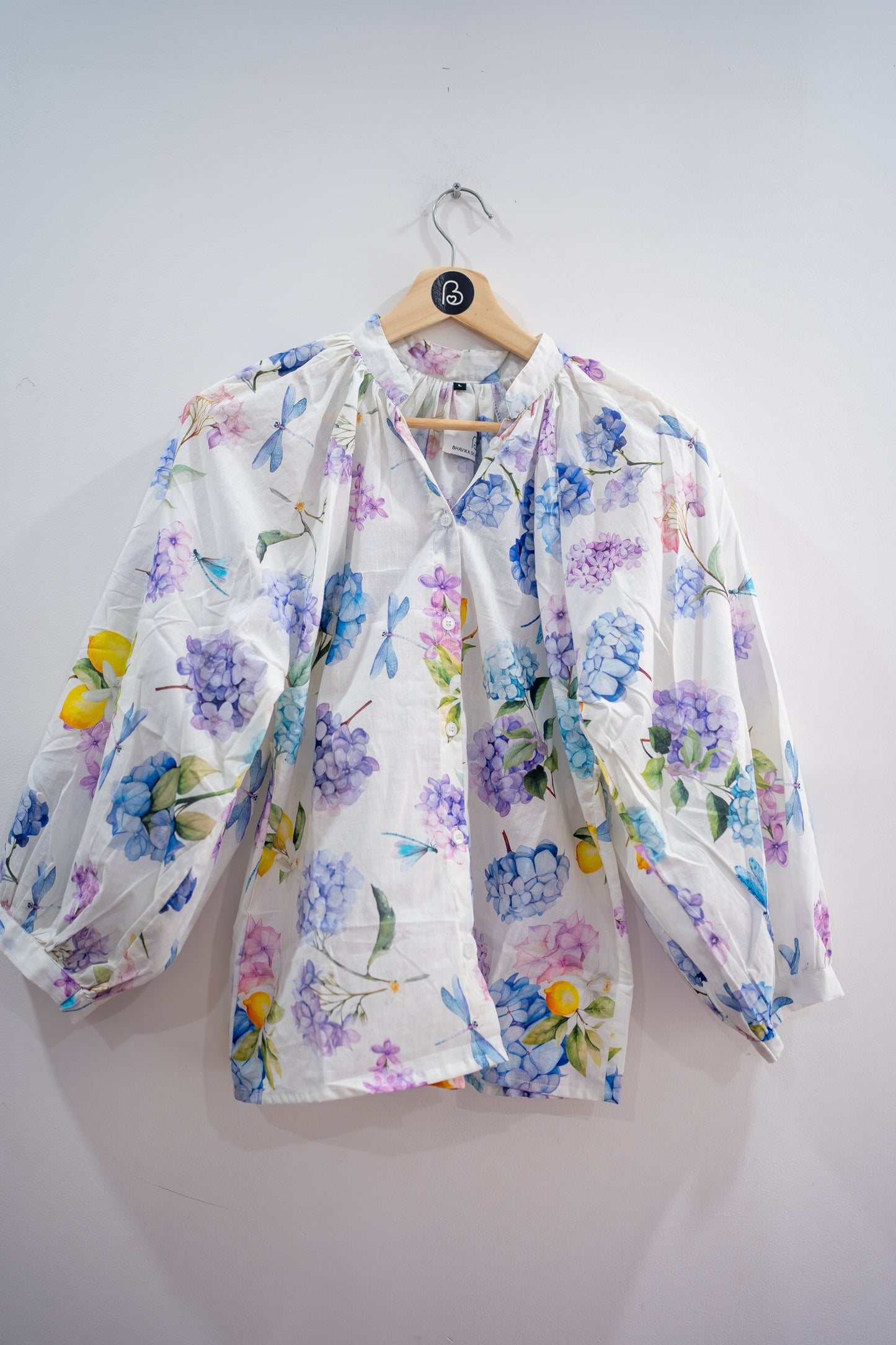Lina cotton floral shirts, Hydrangea floral cotton shirts, Designer cotton shirts for women India, Bhavika Devarapalli designer shirts, Indian designer summer cotton shirts, Floral cotton shirts for women, Hydrangea print cotton shirts, Blue purple floral shirts women, Lemon floral cotton shirts, Breathable summer cotton shirts women